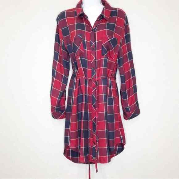 Rails Dresses & Skirts - Rails Nadine Red/Blue Button Up Plaid Long Sleeve Shirt Dress w/ tie belt Large